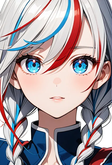 White haired girl with red streaks blue eyes Streaked hair,, Blue eyes Triple braids, 