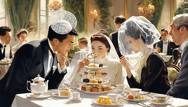 Men and women dining face to face，afternoon tea，The man has a veil covering his eyes 