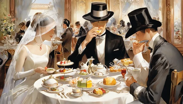 Men and women dining face to face，afternoon tea，The man has a veil covering his eyes 