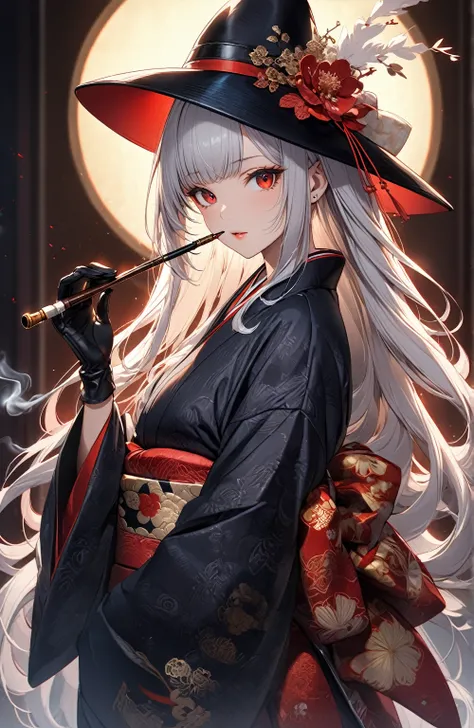 Ultra high resolution, rich colors, perfect image, top quality, detailed image, beautiful woman, glowing skin, skin and clothing texture, delicate eyes, Showa era, kimono, black hat, black leather gloves, smoking pipe, long silver hair, red eyes