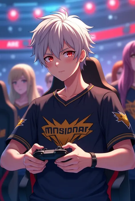 I want a man in front with a shirt with the name Minsitthar on the front of the shirt (like a logo You have to want golden color), and in the background there is an audience and he is holding a video game controller.

I want it to be anime 

The man will b...