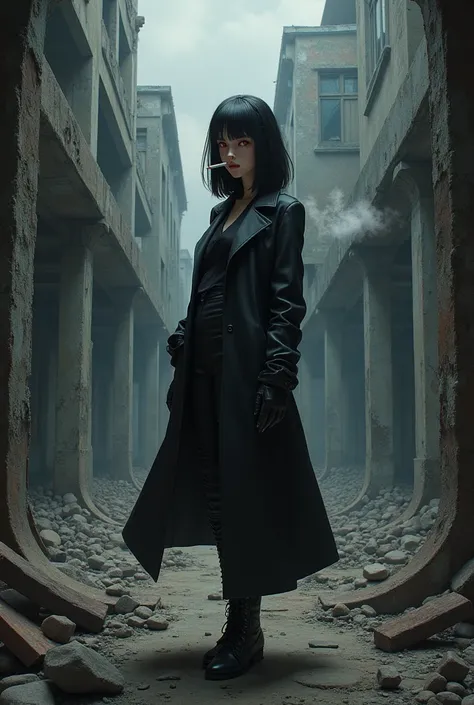 Makima from Chainsaw Man with black hair and red eyes, smoking a cigarette on a broken building.