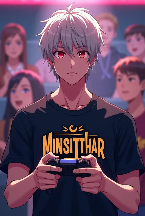 I want a man in front with a shirt with the name Minsitthar on the front of the shirt (like a logo You have to want golden color), and in the background there is an audience and he is holding a video game controller.

I want it to be anime 

The man will b...