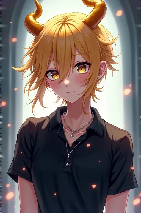 Make a picture of an anime character with blonde hair, golden horns and a black polo shirt with a silver necklace