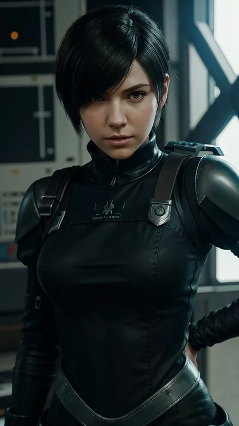 Gwen Tennyson,yorha 2b,tracer,Rebecca Chambers,observe,Atelier Ryza,Close-up,pilot mechanic&#39;s workshop,tattoos,orange jumpsuit,short sleeve pilot&#39;s tights,short sleeve cyborg pilot jacket,orange sports leggings,leather corset pilot fur,short hair,p...