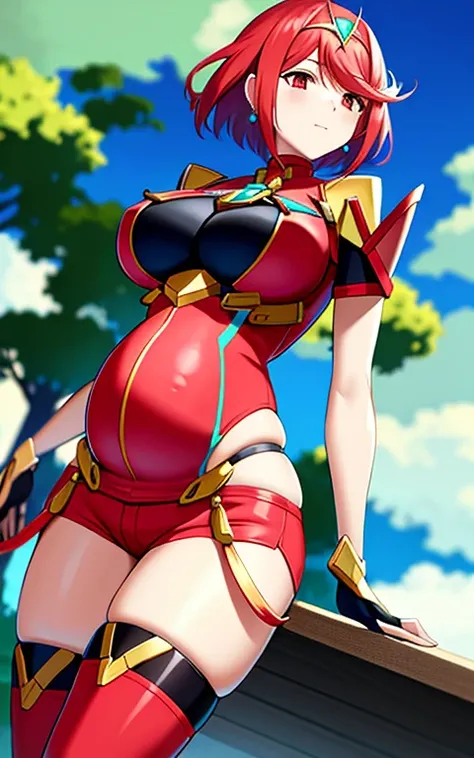 masterpiece,best quality,pyra,(xenoblade),xenoblade chronicles (series), (xenoblade chronicles 2),1 pregnant girl, armor, bangs, black gloves, breasts, red eyes,earrings, eyelashes, fingerless gloves, floating hair, framed breasts, gem, gloves, hair orname...