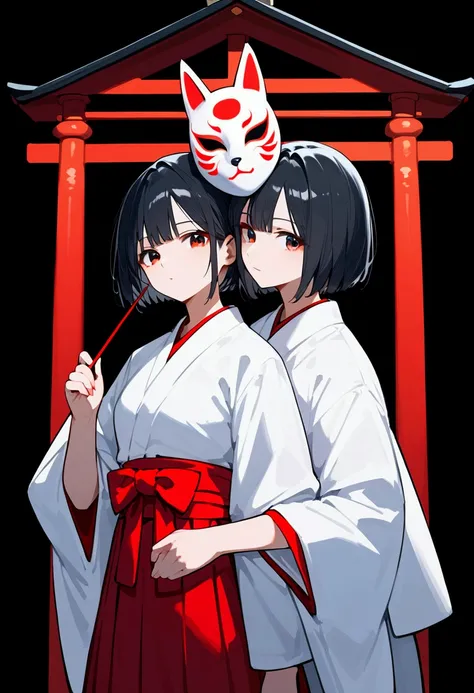 score_9, score_8_up, score_7_up, (source_anime), One girl, short hair, Reverse Bob Cut, Black Hair, Shrine maiden, Fox Mask Template, Wearing a mask, kimono, kimono, White short sleeves, white kimono, Red Hakama Skirt, Sleeves are longer than the wrist, su...