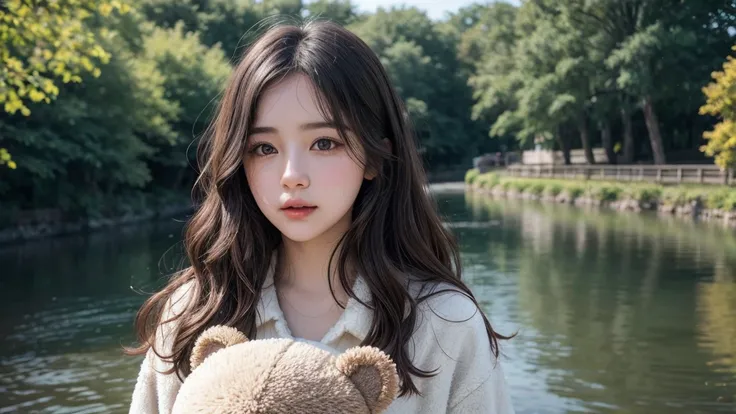 A girl is walking on a river., Mix 4, coat, pillow, ริมฝีmouth, open_mouth, realistic, photograph_(moderate), alone, Stuffed_animal, Stuffed_toy, Teddy_bear,(Masterpiece),(photographrealistic:1.3), Very detailed, (Highly detailed skin:1.2),(best quality:1....