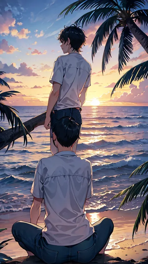 Highest quality、Back view of a young man looking at the sea、Hawaii、Palm tree、Sunset、cloud、Wearing an Aloha shirt、jeans、Sitting on a fallen tree、Black Hair、1 male