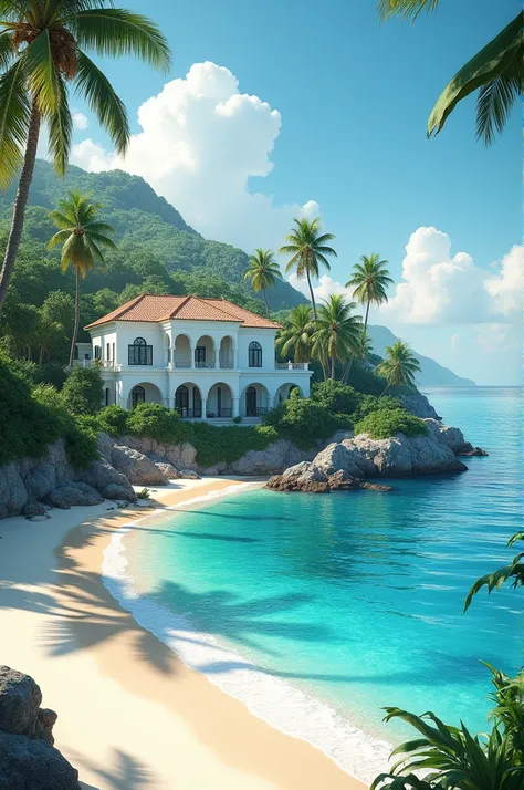 Abeautiful beach with a beautiful scenery and a house look like heaven