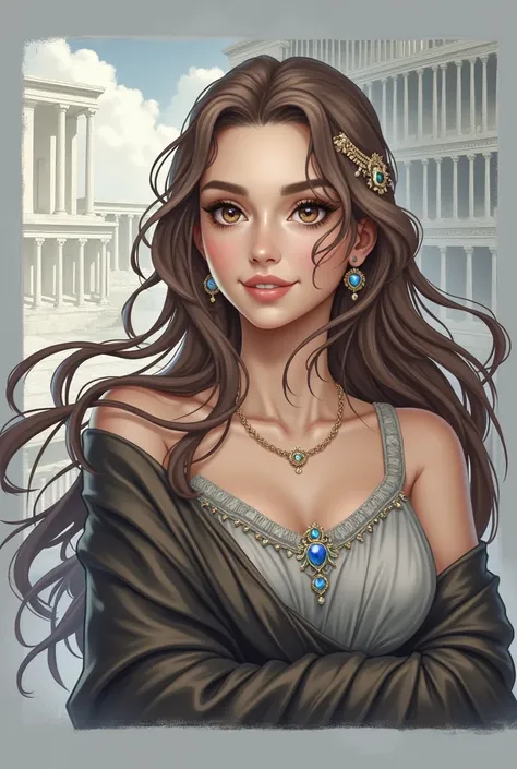  1fille, bare, cheveux longs et bruns, yeux hazel, Bare shoulders, arms crossed,flush , boobs, Hair between the eyes, hair flaps, white dress, greek mythology, Goddess Solo, brown-hair, Hair Ornament, jewels, ssmile, blushed, Corne, Next to, multiple views...