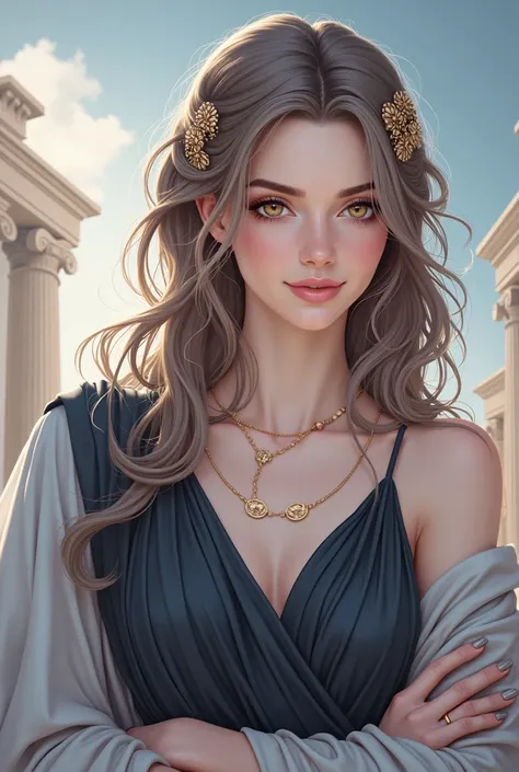  1fille, bare, cheveux longs et bruns, yeux hazel, Bare shoulders, arms crossed,flush , boobs, Hair between the eyes, hair flaps, white dress, greek mythology, Goddess Solo, brown-hair, Hair Ornament, jewels, ssmile, blushed, Corne, Next to, multiple views...