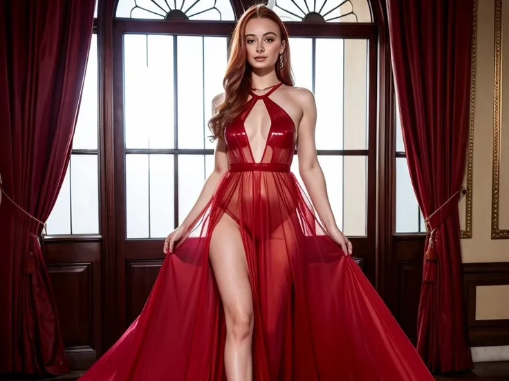 woman [Sophie Turner] in a red semi-transparent evening dress