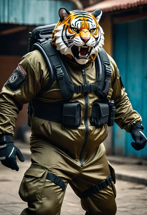 (a dark-skinned fat muscular old man in a bulky army camouflage zipper diver suit), carrying an AK-47, (wearing a small-sized realistic roaring tiger mask), dynamic action pose, fierce expression, roaring, showcasing an imposing stature, surrounded by mili...