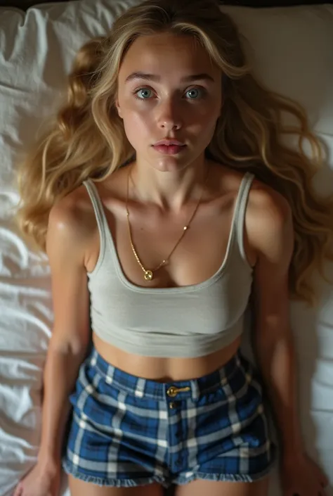 beautiful sexy little tween AnnaSophia Robb school girl, thin, long blonde hair, blue eyes, nice bottom, nice bottom, big red lips, dressed like a whore, tiny short blue plaid skirt, scared, nice legs, nice bottom, lying on bed with legs opened, ultra real...