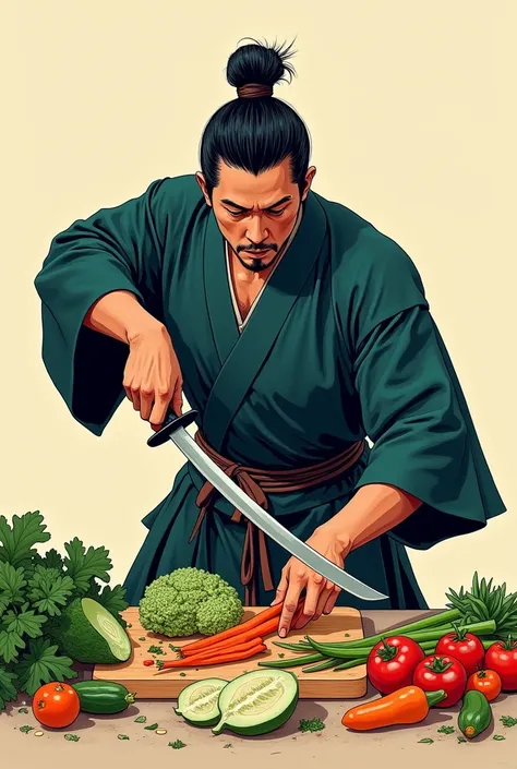 The legendary samurai is slicing and slicing vegetables.，manga，Retro