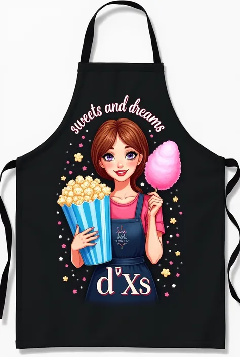 A black apron with the words Sweets and dreams written on the top,right in the middle a drawing of a woman holding a blue bag of popcorn in one hand and a pink cotton candy in the other hand and below the image the writing DXS.