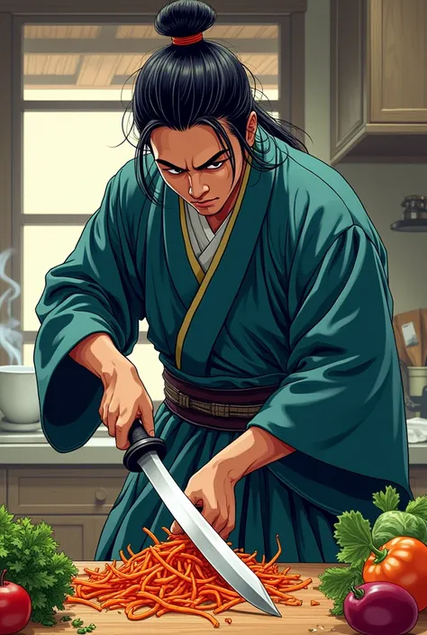 The legendary samurai is slicing and slicing vegetables.，manga