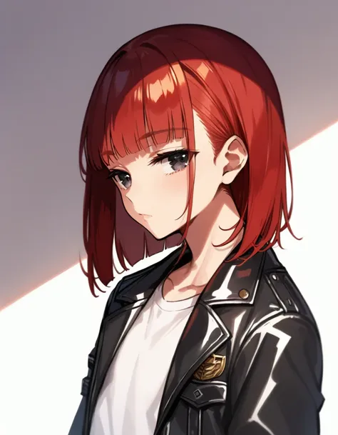 score_9, score_8_up, score_7_up, masterpiece, ultra-detailed,  pretty eyes, 1man, solo, flat chest, large pectorals muscle, small arms muscle, red hair, Medium hair, hime cut, half closed eyes, Black Eyes, Black leather jacket, Inner T shirt, White t shirt...