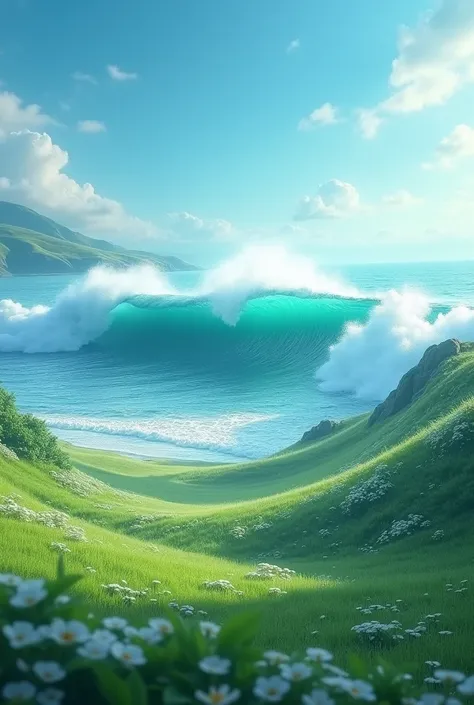 

Craft a hyper-realistic landscape where the oceans waves surge forward with a sense of dynamic movement. The vast backdrop should reveal serene, flat meadows, untouched by mountains or rocks, creating a seamless horizon. The sky above should melt from de...