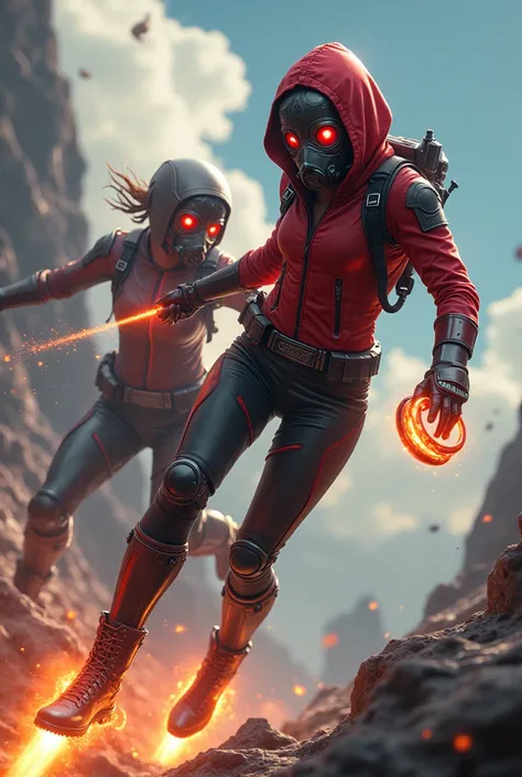 Kid with red hoodie, Rocket boots, headphones, star-lord helmet, gas helmet, Covered mouth, Round, red eyes, big breasts, perfect body, Busty, realistic, power, Kick, Attack, magic rings in the hands, Fighting, power, fiction, full body, 2 persons, magic l...