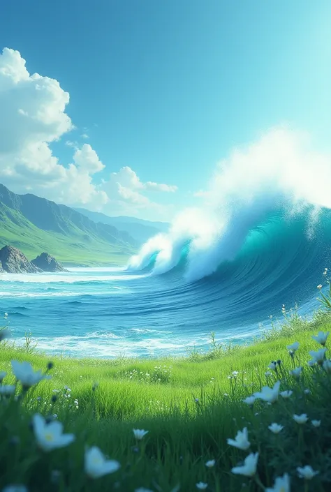 

Craft a hyper-realistic landscape where the oceans waves surge forward with a sense of dynamic movement. The vast backdrop should reveal serene, flat meadows, untouched by mountains or rocks, creating a seamless horizon. The sky above should melt from de...