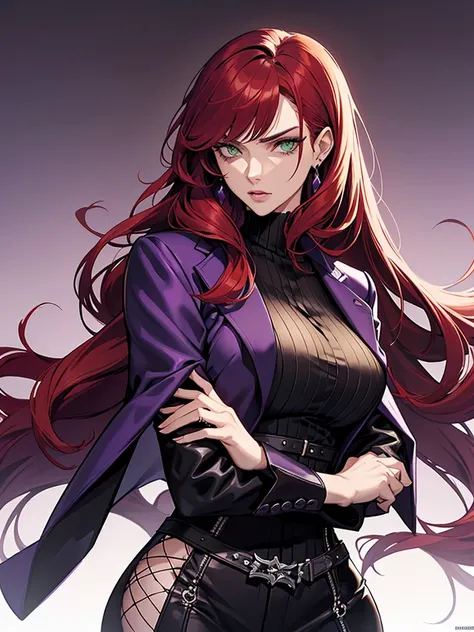 green eyes, red hair with long bangs, noble. sadistic women, wavy long hair. strong woman. purple jacket. she quiet. wear purple and black outfit. background in luxury mansion. dominant woman. mafia. mature woman. girl boss. badass woman. gangster