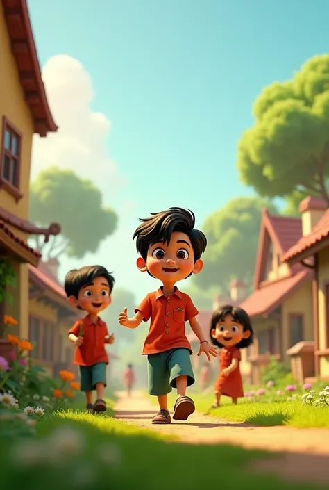 3D Animation Cartoon "The Village Introduction

	•	Setting: A picturesque village with green fields and playful children.
	•	Characters: Rohaan (the intelligent boy), his friends, and villagers.
	•	Action: Introduce Rohaan and his friends playing together ...