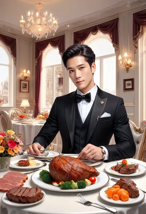 1man, handsome, black formal suit, sits at the table, plate with meat, background stuffed animals on the wall,