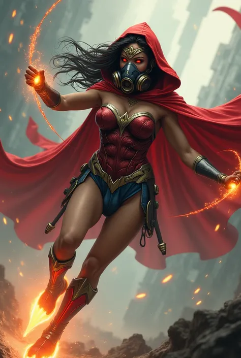 Wonder woman with red hoodie, Rocket boots, headphones, star-lord helmet, gas helmet, Covered mouth, Round, red eyes, big breasts, perfect body, Busty, realistic, power, Kick, Attack, magic rings in the hands, Fighting, power, fiction, full body, 2 persons...