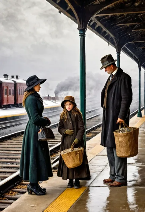 In the style of American impressionist paintings, Frank Weston Benson style, a poor family waiting for a train at a train station, cloudy skies, a cold landscape with winter approaching,