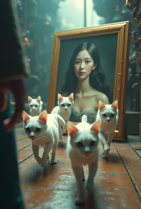 These Ai cats run from the man to protect her lifes portrait ai image