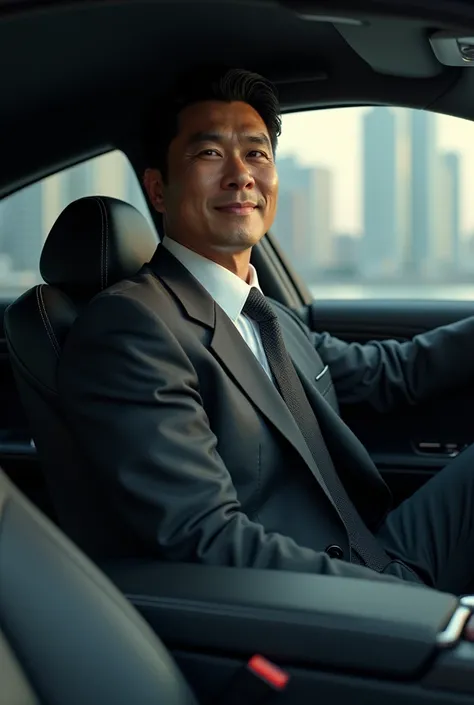 high-status Chinese businessman. In an expensive classic suit behind the wheel of a business class car. Black curly hair