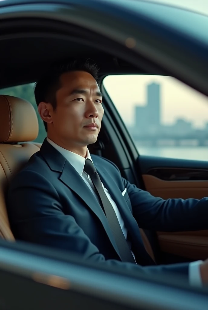 high-status Chinese businessman. In an expensive classic suit behind the wheel of a business class car. Black curly hair