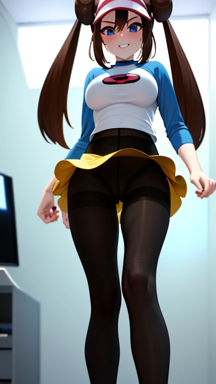 Rosa, Rosa, Brown Hair, Double Bang, doughnut Hair Bun, Hair Bun, blue eyes, Hair between the eyes, Twin tails, Large Breasts, Open your mouth, break pantyhose, (Pantyhose under shorts), Raglan sleeves, skirt, (yellow skirt), White shirt, Blue Sleeve, Long...