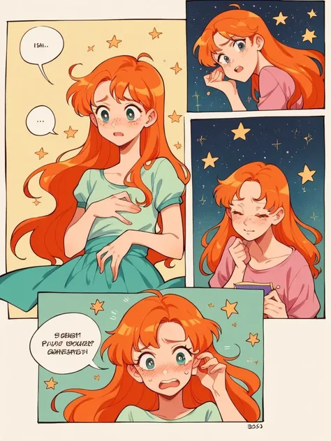 score_9, score_8_up, score_7_up, score_6_up, p4n3ls, 1girl, stars, long hair, panels, (8k, best quality, master piece: 1.2),super high resolution,A page of a soft pastel colored comic book divided into frames, ginger, A sad princess investigates a ghost、sp...