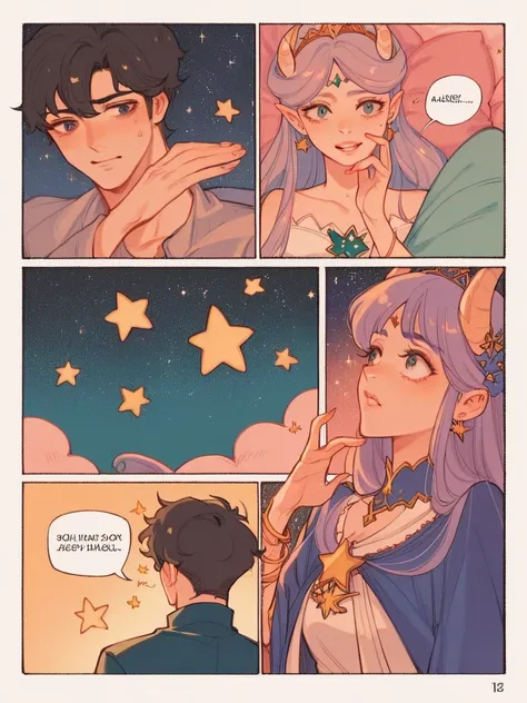 score_9, score_8_up, score_7_up, score_6_up, p4n3ls, 1girl, 1boy, stars, long hair, panels, (8k, best quality, master piece: 1.2),super high resolution,A page of a soft pastel colored comic book divided into frames、A princess falls in love with a demon kin...