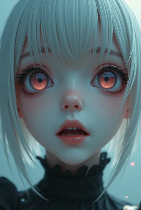 fantastic close up portrait of an anime girl with platinum hair, hollow eyes, no iris, nosetrils like snake, pale face, fangs, smiling, devilish, art like 2.5D realistic anime, 