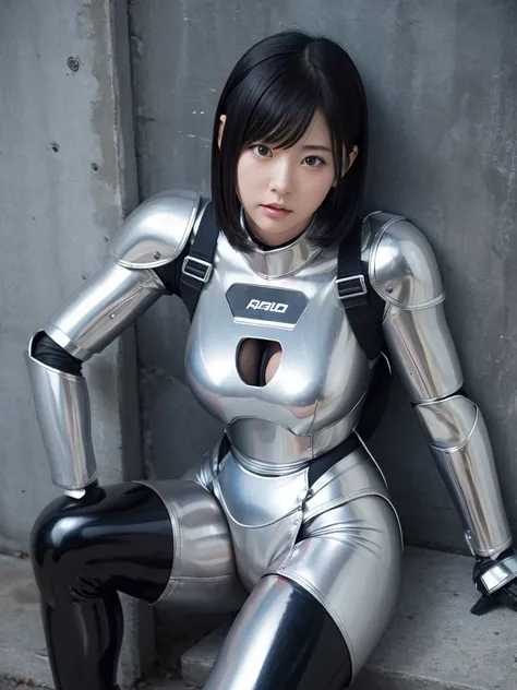 Japanese female android,Silver shiny robot suit,Open your legs,Black Hair,I was completely tied to the wall with a thick harness and couldn&#39;t move.,