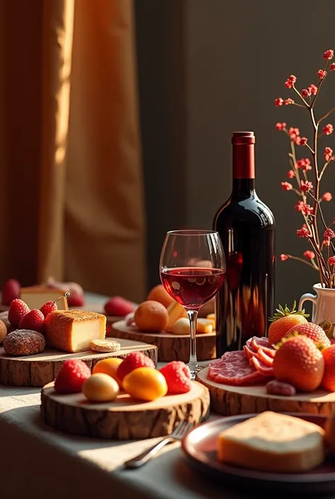 image avec le plus de sensations : Pleasures of the Mouth table with food and a bottle of romantic red wine 