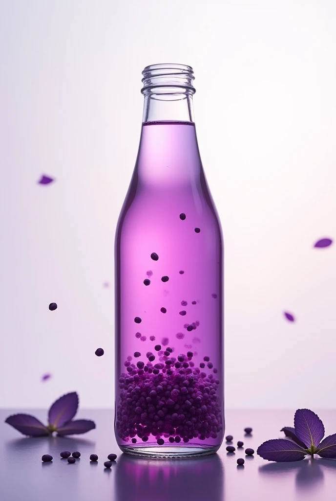 Create an image of purpleish drink that got some of basil seed that is spread inside and the background is refreshing and it is in transparent bottle make the basil seed a little bit smaller and spread inside the drink