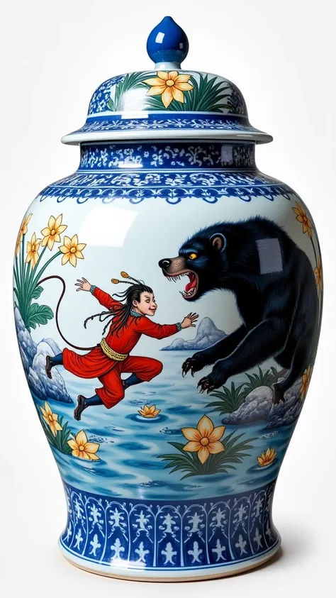 Jingdezhen ceramics，Vibrant and gorgeous ceramic water tank，Detailed illustration of the fight between Sun Wukong and the black bear demon，Reference Black Myth，Blue and white porcelain，Blue with white and red accents，There are daffodils in the water tank，C...