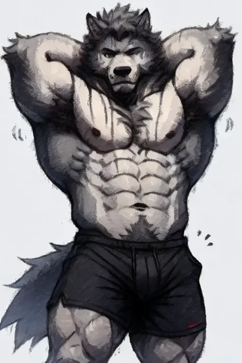 A Very Muscular Furry Gray Wolf. He is Topless with a gray shorts. His both hand is Together and behind his head. The background is Gray. He have a little messy hair. He have gray eye