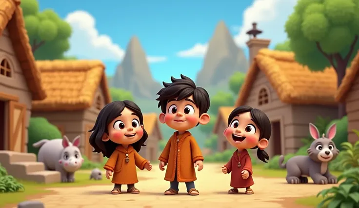 3D Animation Cartoon "Various parts of the village, Rohaan with his friends and some villagers. Each child gains different powers from the stone. They explore and use these powers to help the villagers and animals"