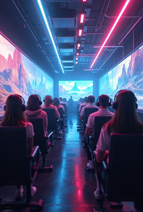 "Imagine a futuristic gaming arena where technology and gaming merge seamlessly. The scene is set in a high-tech gaming hub with neon lights, holographic displays, and advanced virtual reality equipment. In the center, a group of diverse gamers, wearing sl...