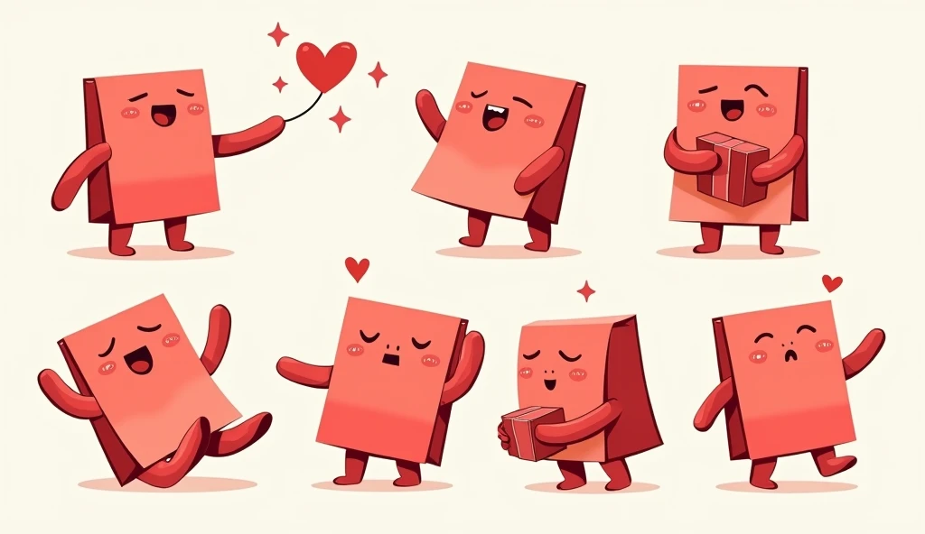 Folded Postit, Simpler, color red, cute, illustrated, with legs and arms, various poses, holding a gift, suprised, glad, happy, smitten
