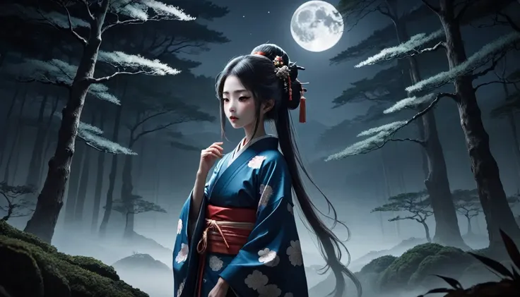 "Create a beautiful image, legendary creatures from japanese folklore. Liuliubi behaves like a normal person during the day, But at night, Her neck stretched to incredible lengths. Depicting her wearing traditional Japanese clothing、Neck looks slender. The...