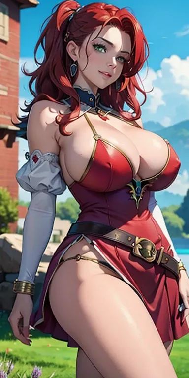 (masterpiece, Best Quality:1.4), looking at the viewer, cowboy shot, affected smile, malty melromarc, Red hair, by the wide, green eyes, exposed cleavage, big breasts, big breasts, hair ornament, earrings, jewelry, armor, armored dress, dress, separate sle...