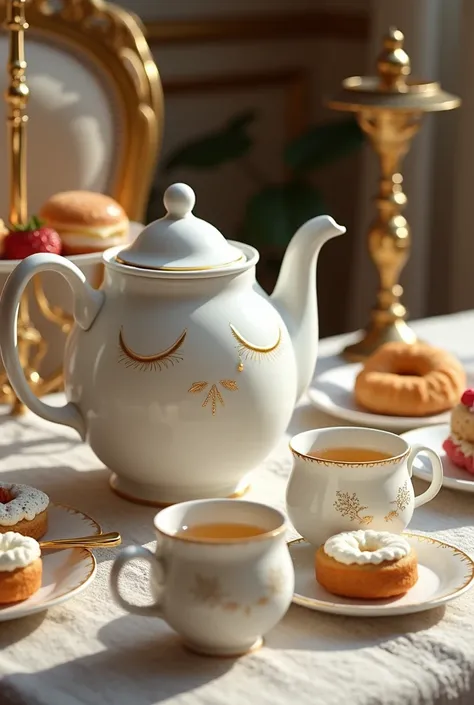 Ceramic teapot and cups in the shape of an anime girl, Gold embroidery, Afternoon Tea, Afternoon tea stand, sandwiches, scones, Tablecloths, British Royal Palace