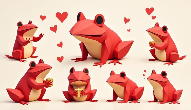 Folded Paper Frog, Simpler, color red, cute, illustrated, with legs and arms, various poses, holding a gift, suprised, glad, happy, smitten
